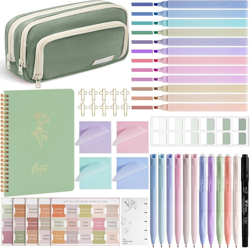 CHEPULA Bible Study Supplies Bible Journaling Kit for Women with Notes and Bible Tabs, Bible Highlighters and Pens No Bleed, Pencil Case Bible Study Kit, Bible Annotation kit Christian Gifts for Women (Green) - Image 1